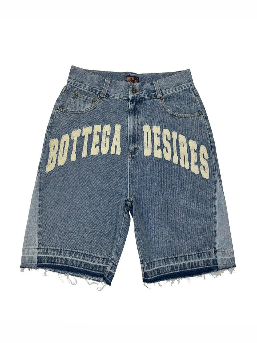 Pantaloncini di jeans a cinque punti ricamati con lettera vintage Bottega Desires Stampa High Street Fashion e Leisure Short