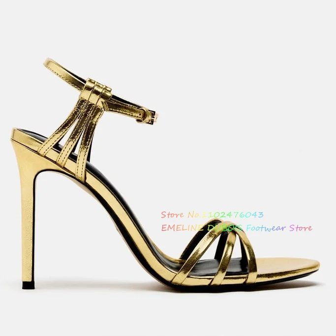 Gold Cross Ties High Heel Sandals Women Peep Toe Stiletto Heel Slingback Ankle Strap Party Dress Wedding Shoes Solid Color