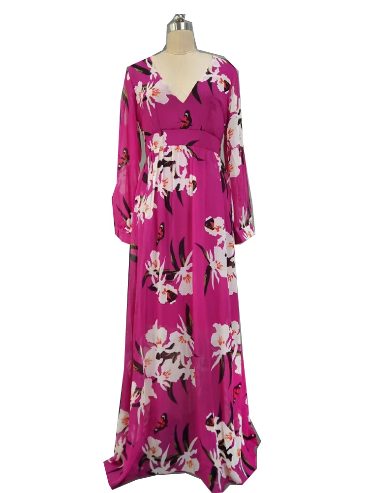 D rauuing-Robe longue à imprimé fleuri pour femme, tenue de soirée élégante, manches lanternes, nouvelle collection automne