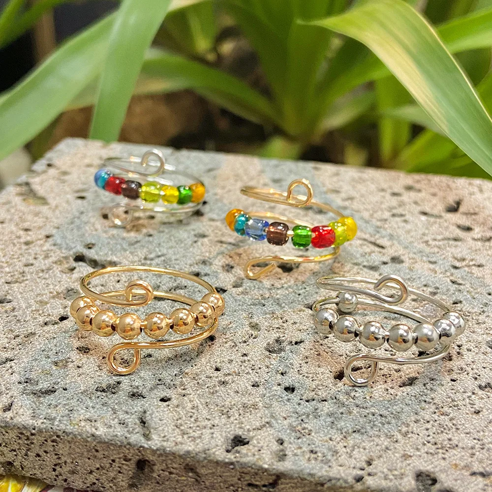 Trendy Rainbow Anxiety Rings Adjustable Stainless Steel Fidget Rotate Bead Anti Stress Relief Finger Ring Jewelry For Women