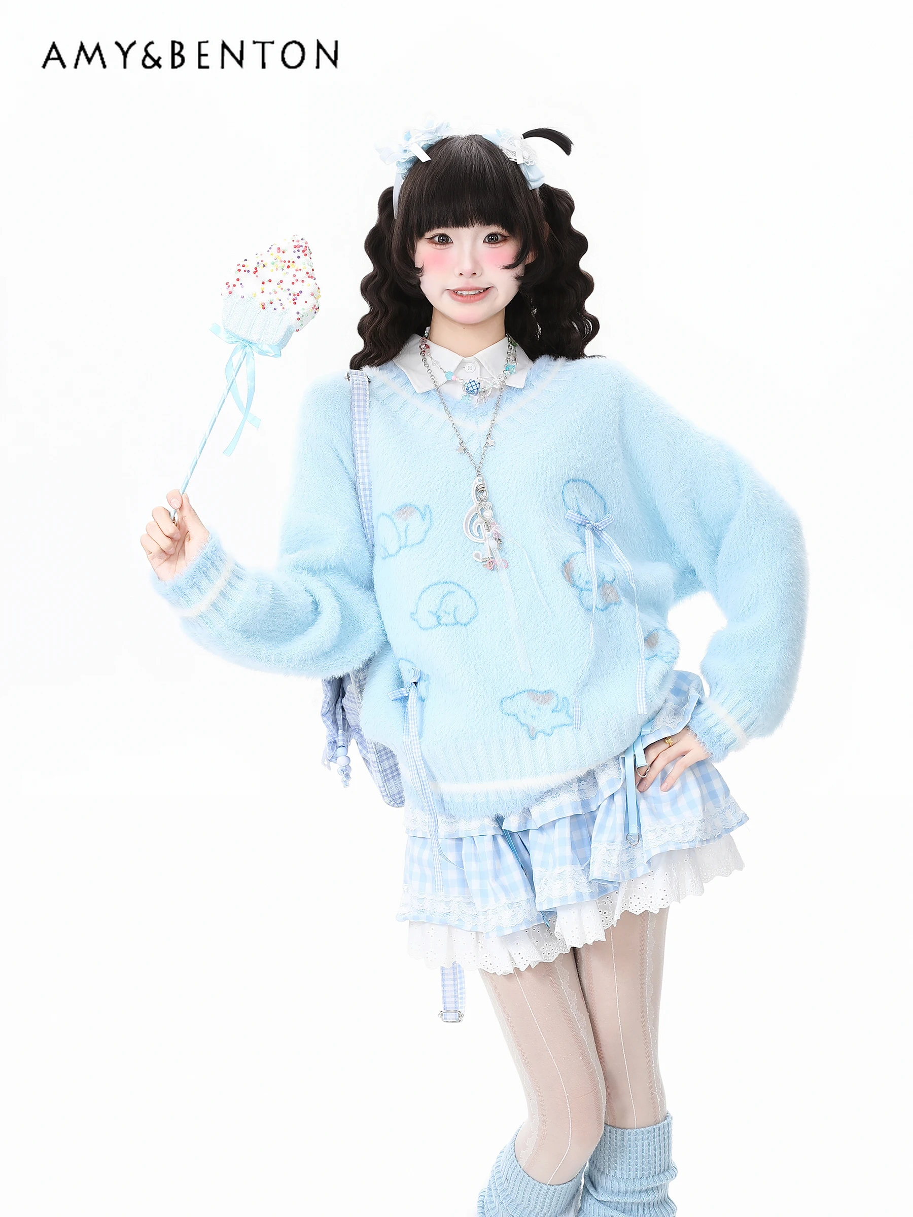 

2025 Autumn and Winter New Women's Bow Cartoon Puppy Embroidered V-neck Yellow Sweater Blue Green Plaid Short Skirt