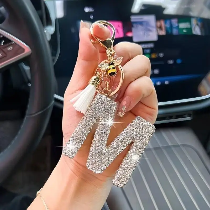 Glitzernder Strass-Schlüsselanhänger mit A-Z-Initialen, niedlicher Bienen-Anhänger, Quasten-Dekoration, personalisierte Geschenke für Autoschlüssel und Taschen – Detail 2