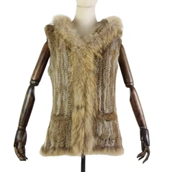 Harppihop fur New natural Fur Vest Genuine Rabbit Fur Knitted Gilet with fur Hooded Long Coat Jackets with pocket Women Winter