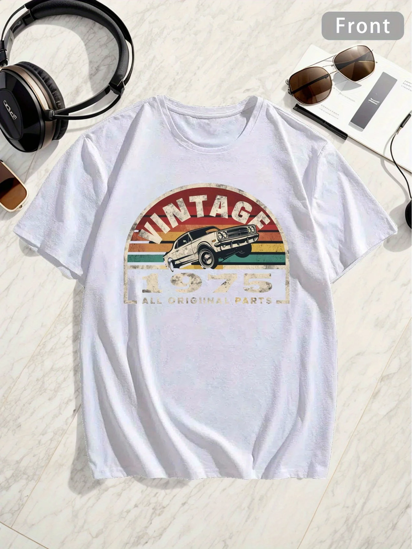 

New t-shirt-Plus Size Men's T-Shirt - Vintage 1975 Classic Car Graphic, Casual Crew Neck,