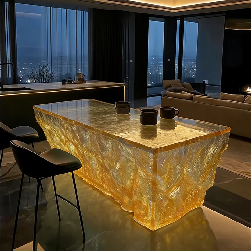 *Premium Crystal Glass Bar Table Epoxy Resin Top Modern Square Design for Home Bar Hotel Use Durable Commercial Furniture