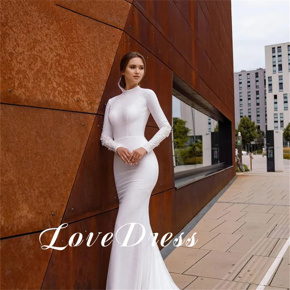 Love Elegant Long Sleeve Lace Applique Mermaid Stain Wedding Dress Simple O-Neck Backless Floor Length Bride Gown Robe de mariée