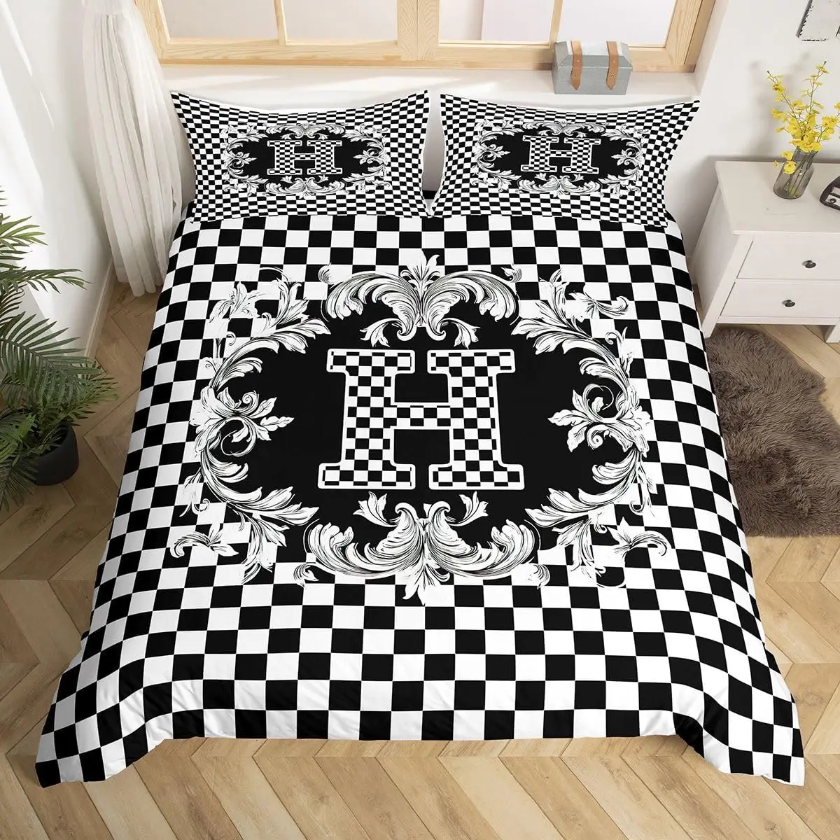 Initial Letter Bedding Set Full Queen Black White Checkered Duvet Cover Geometric Checkerboard Comforter Cover for Teen Adult