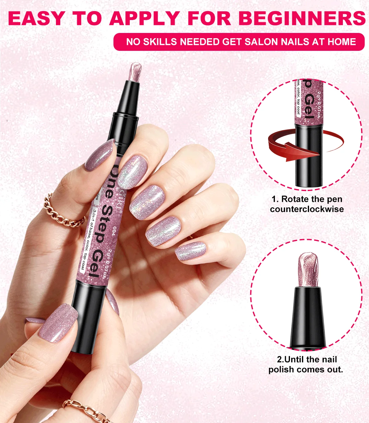 LIMEGIRL 3-IN-1 Glitzer One-Step Gel-Nagellackstift, keine Grundierung oder Top Coat erforderlich, schnelltrocknend, langanhaltend, UV-LED Glitzer-Nagelgelstift – Detail 4