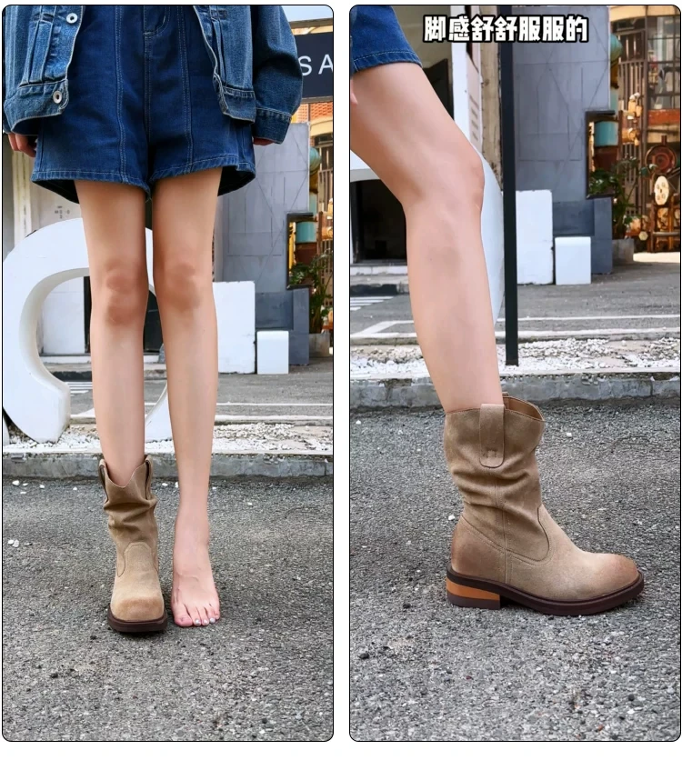 2026 Fall Retro Big Shaft Round Wrinkled Knight Short Boots Mid-Calf Western Cowboy Boots for Women