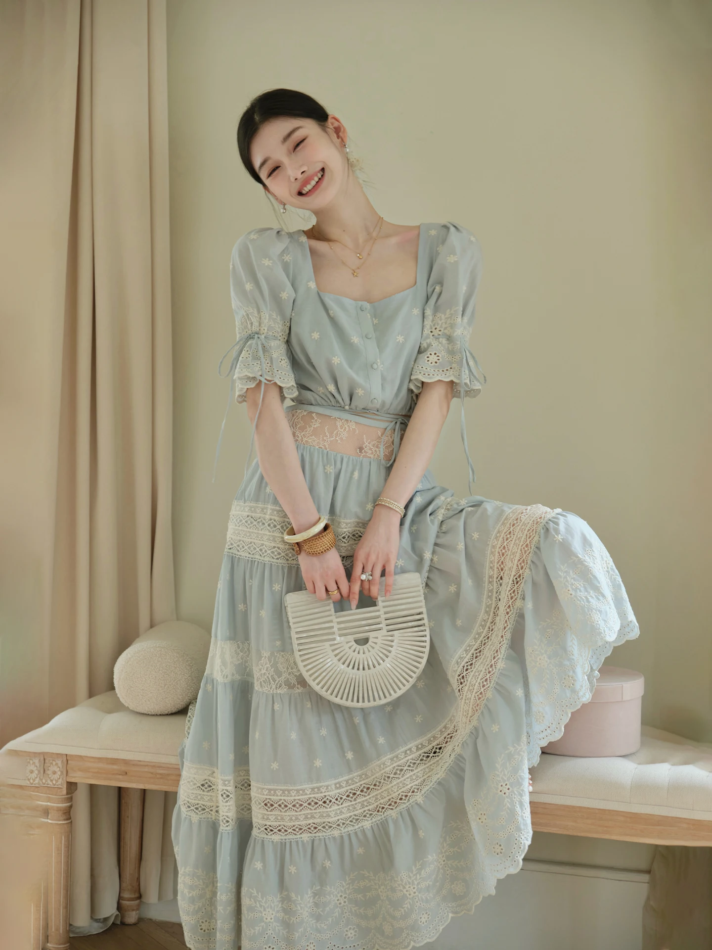 

ChillCozy Gisele Summer Faion Set Women's Hollow out Long Skirt Cotton 00% Square Collar Embroidered Lace Patchwork