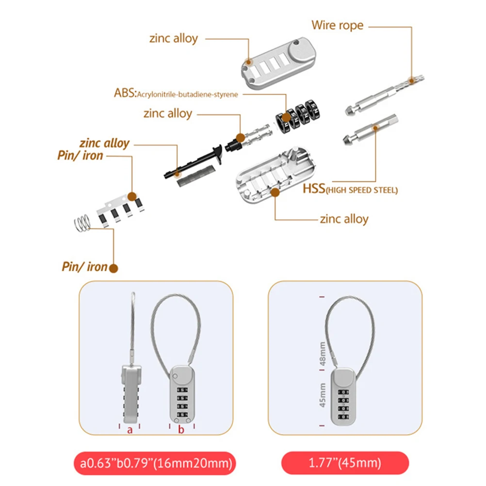 4 Digit Combination Code Number Lock With Spring Coil Wire Rope For Luggage Zipper Bag Backpack Suitcase Drawer Locks