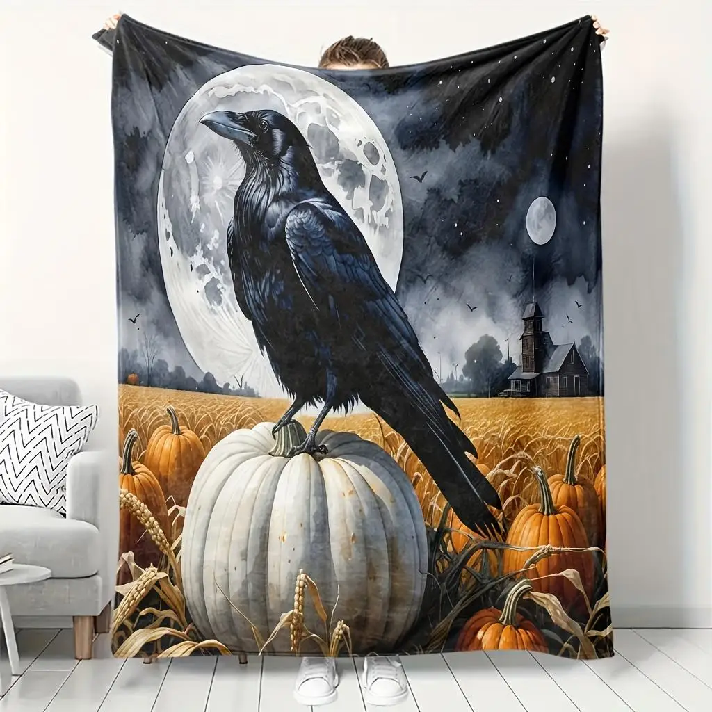 Gothic Halloween Throw Blanket Raven Moon Pumpkin Fall Autumn Witchy Spooky Seasonal Home Decor Cozy Throw