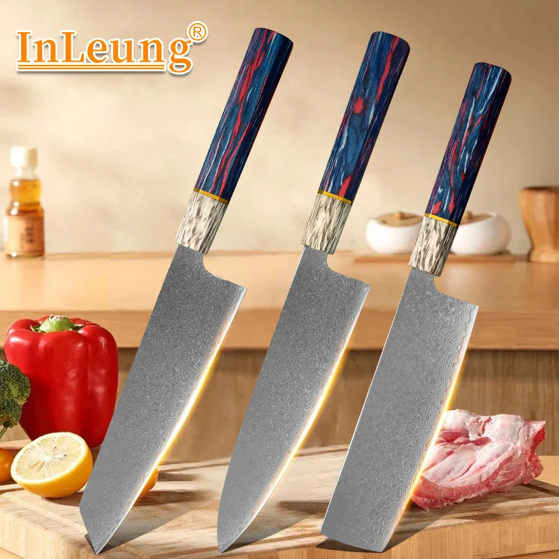 Image of VG10 Damaszener Stahl Küchenmesser, Scharfe Stabilisierte Farbige Holzgriffe, Professionelle Japanische Kiritsuke-Messer für Gemüse und Fleisch