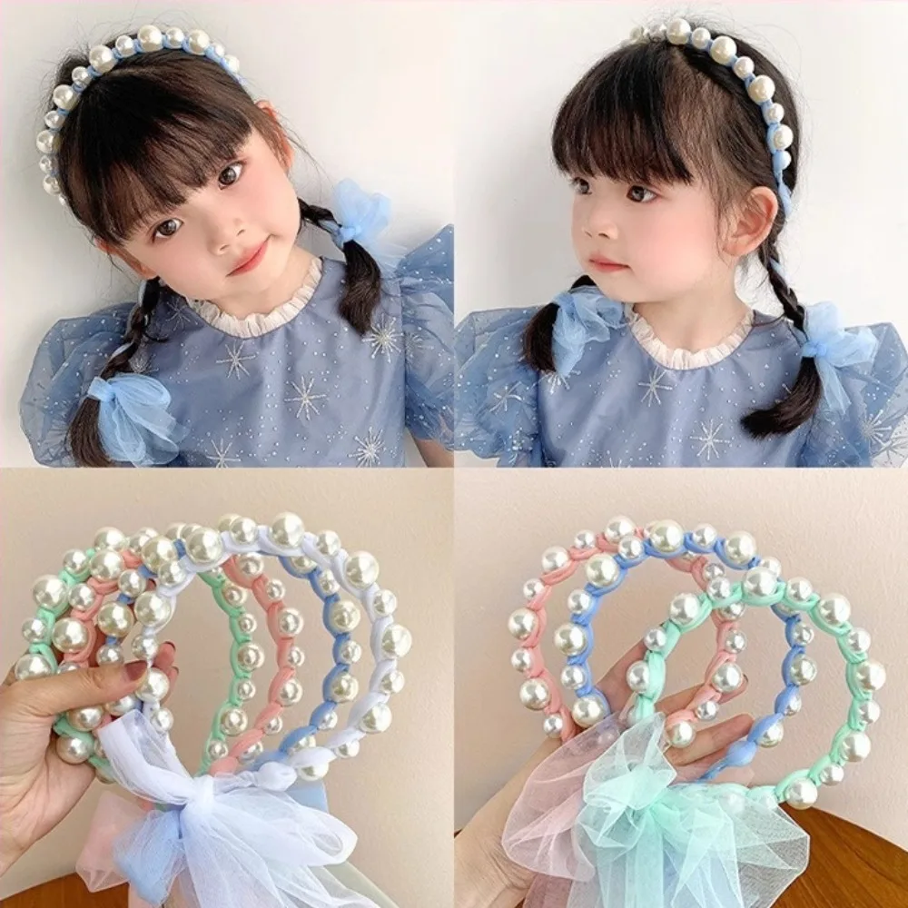 

New Kids Girl Pearl Headband Children Streamer Hair Accessories Baby Cute Princess Bow Headwear Newborn Hairpin Toddler Hairclip