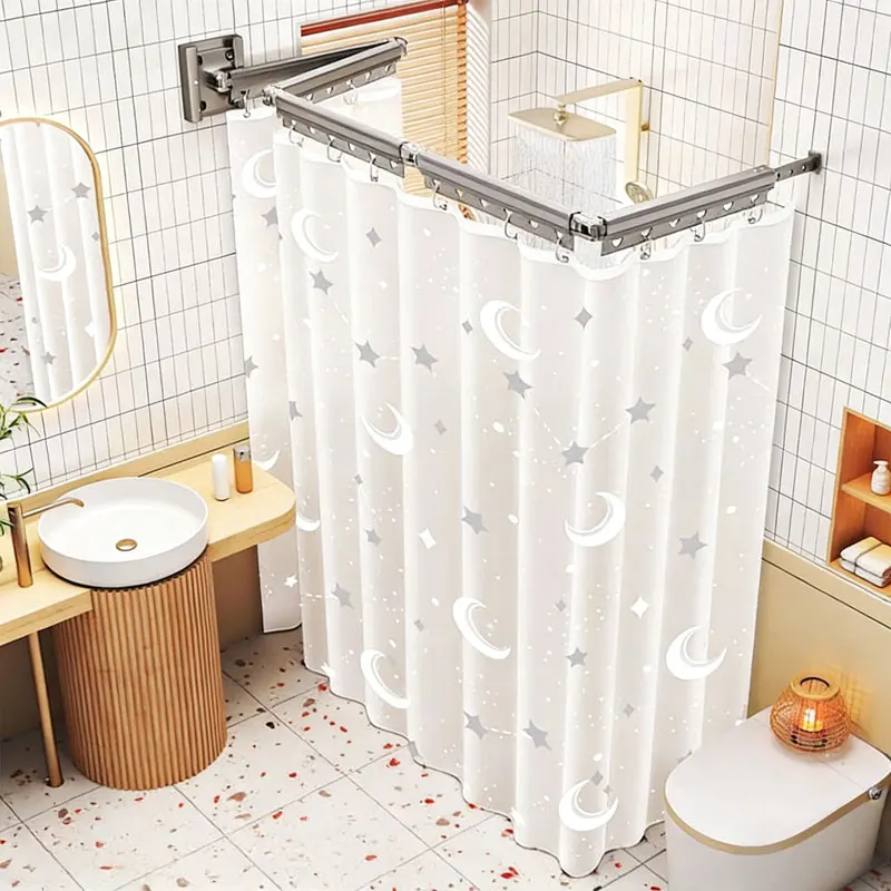 Shower Curtain No Drill Waterproof Fabric Foldable Bathroom Shower Screen Privacy Partition Set Home Luxury Black