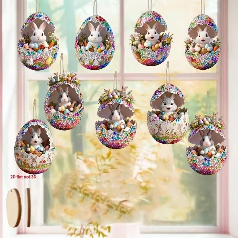 8Pcs Wooden Easter Egg Decorative Hanging Set 2D DIY Craft Easter Simulation Egg Decorative Artificial Egg Hanging Ornament