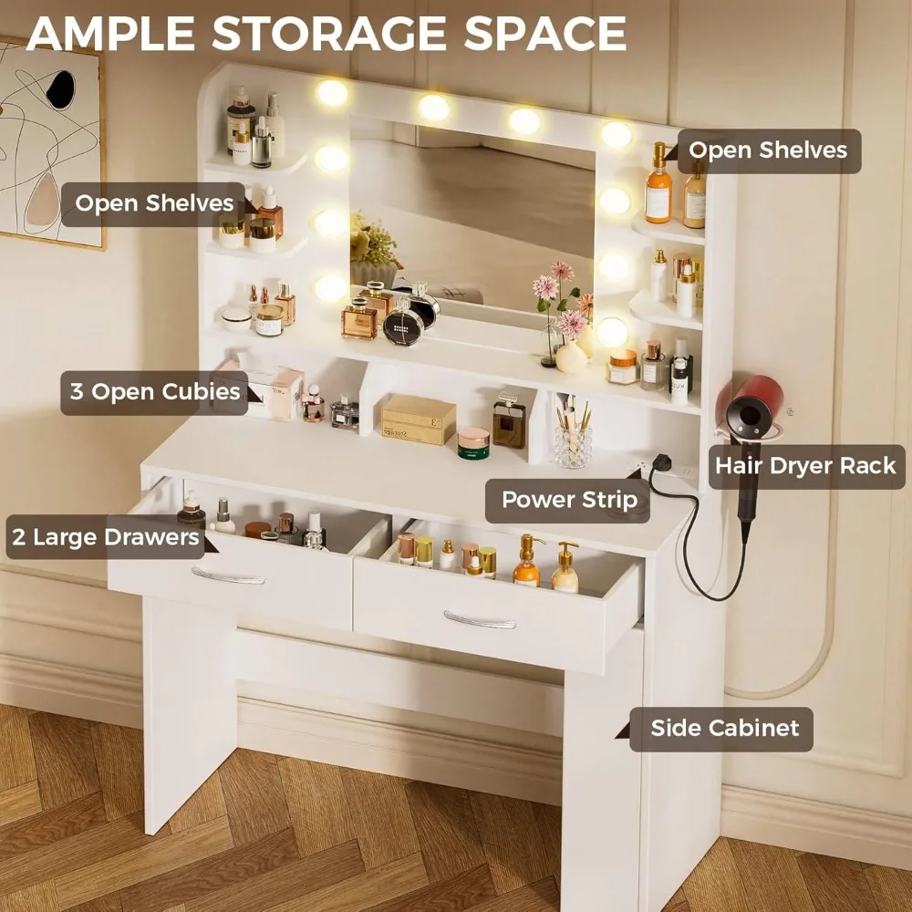 Vanity Desk con specchio illuminato, toletta di grande capacità di archiviazione per camera da letto