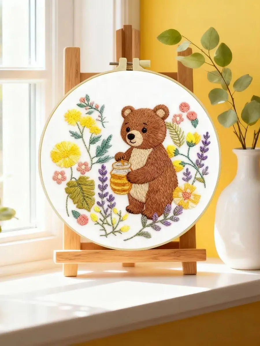 1 Stück 20X20CM/15X15CM 7,87/6,3 Zoll Der Bär, der Honig isst Stickerei-Starter-Kit DIY-Kit DIY-Stickerei-Kit Handarbeiten – Detail 6