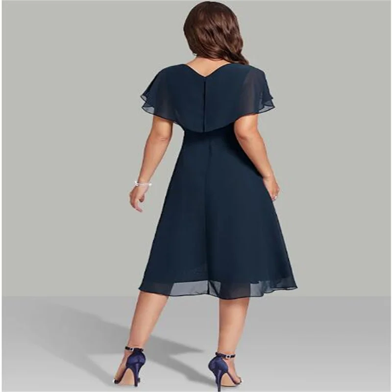 V Neck Elegant Party Dresses for Women 2024  Chiffon Knee -Lenght Dark Navy Short Mother of the Bride Dress 2024 New Arrival