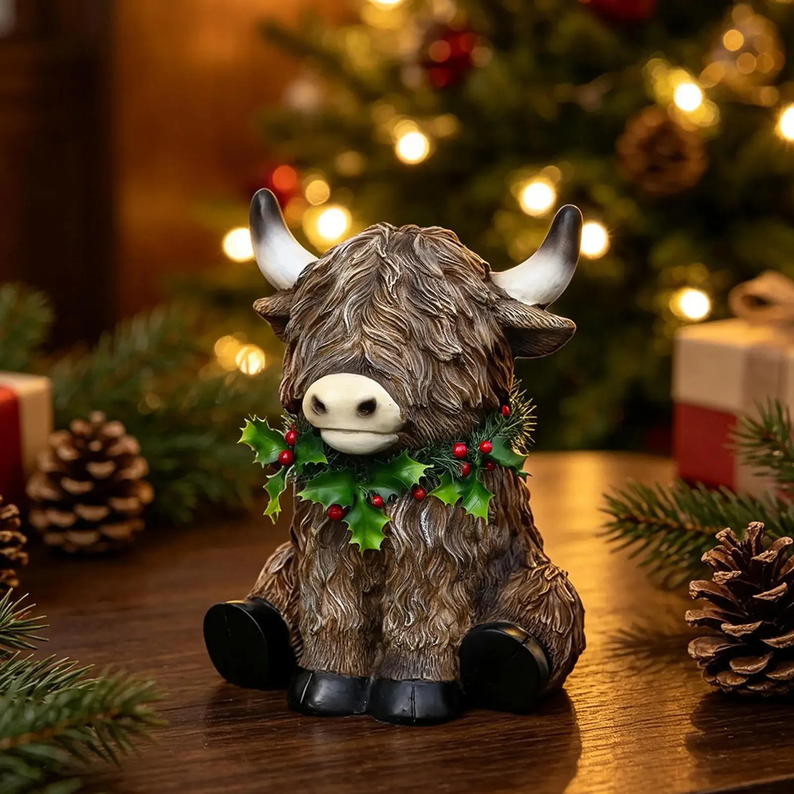 Scottish Highland Cow Statue Ornament 3D Printed Scottish Cow with Wreath Christmas Highland Cow Figurine Indoor Decoration