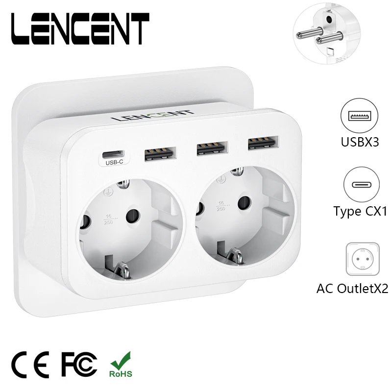 LENCENT ładowarka ścienna 6 w 1 złodziej gniazda z 2 Schuko gniazda 3 porty USB i 1 typu C wielu przejściówka Adapter dla Home Office