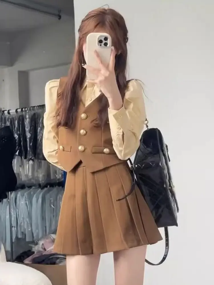British Style JK Uniform Set Women's Korean College Style Spring Autumn Plaid Shirt Vest Skirt Three Piece Set Short Size