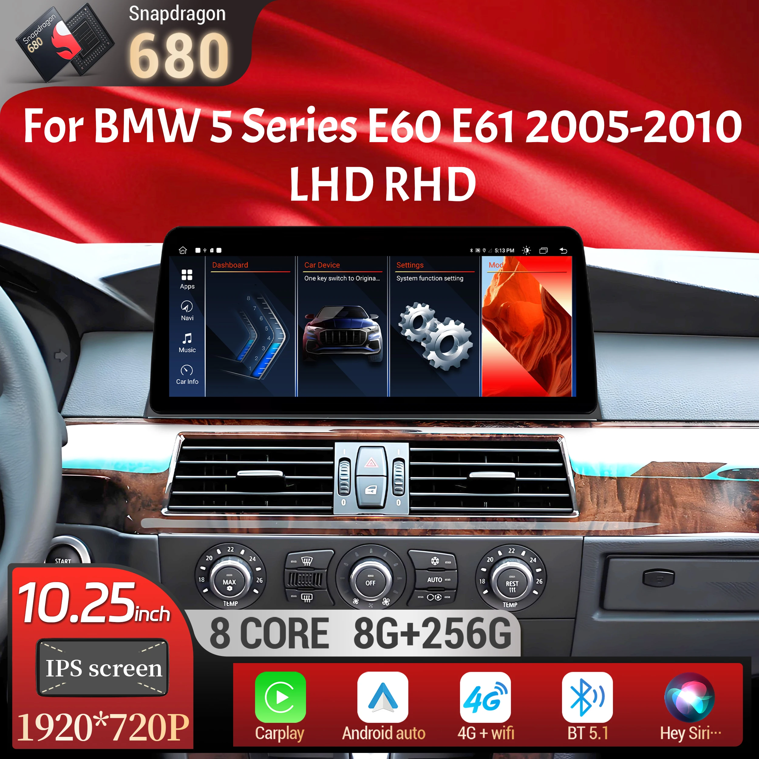 

10.25 inch Android 13 For BMW 5 Series E60 E61 2005-2010 Car Radio 4G Wireless Bluetooth Carplay Snapdragon 680 Head Unit Screen
