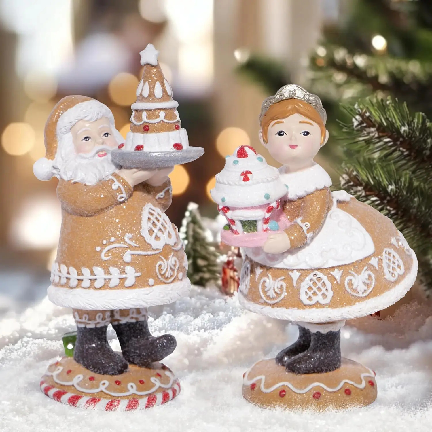 2Pcs Resin Gingerbread Mr. & Mrs. Santa Claus Figurines - Christmas Collectible Decorations for Indoor Home Decor (2pcs Brown)