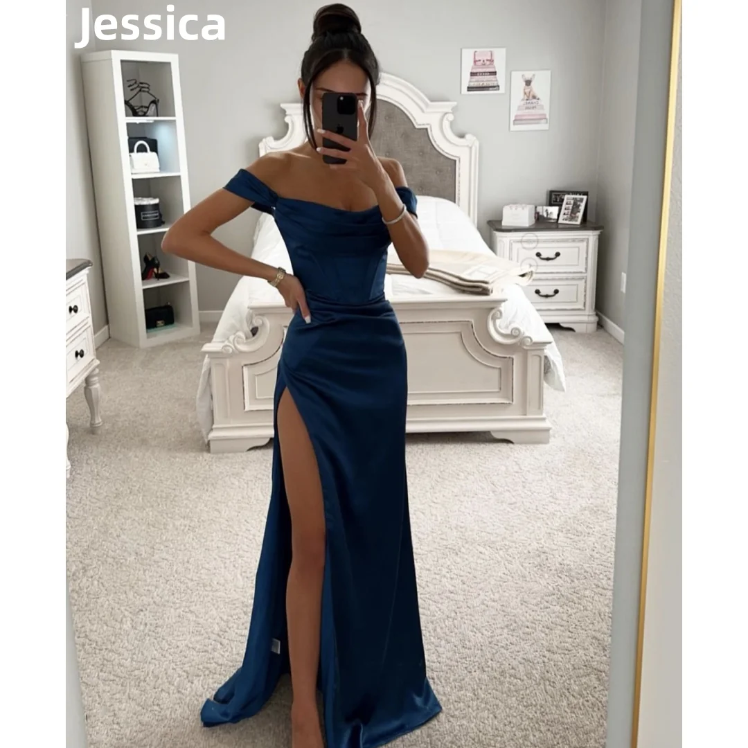 

Jessica Sexy off-the-shoulder Side Slit Prom Dresses Dark-blue Silk-satin Evening Dresses Party Dresses Customized