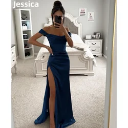 Jessica Sexy off-the-shoulder Side Slit Prom Dresses Dark-blue Silk-satin Evening Dresses Bridesmaid Dress Party Dresses