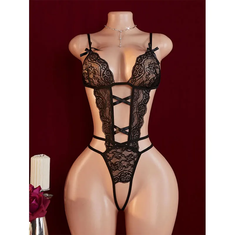 Sexy Night Outfits Crotchless One Piece Pajamas Erotic Female Open Seduction Lace Deep V Bra Embroidered Sleepwear See Through
