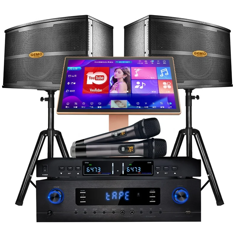 KTV Karaoke Machine 550W Power Amplifier 19.5 Inches Touch Screen Music Player 2 Pcs Wireless Microphones Full Set