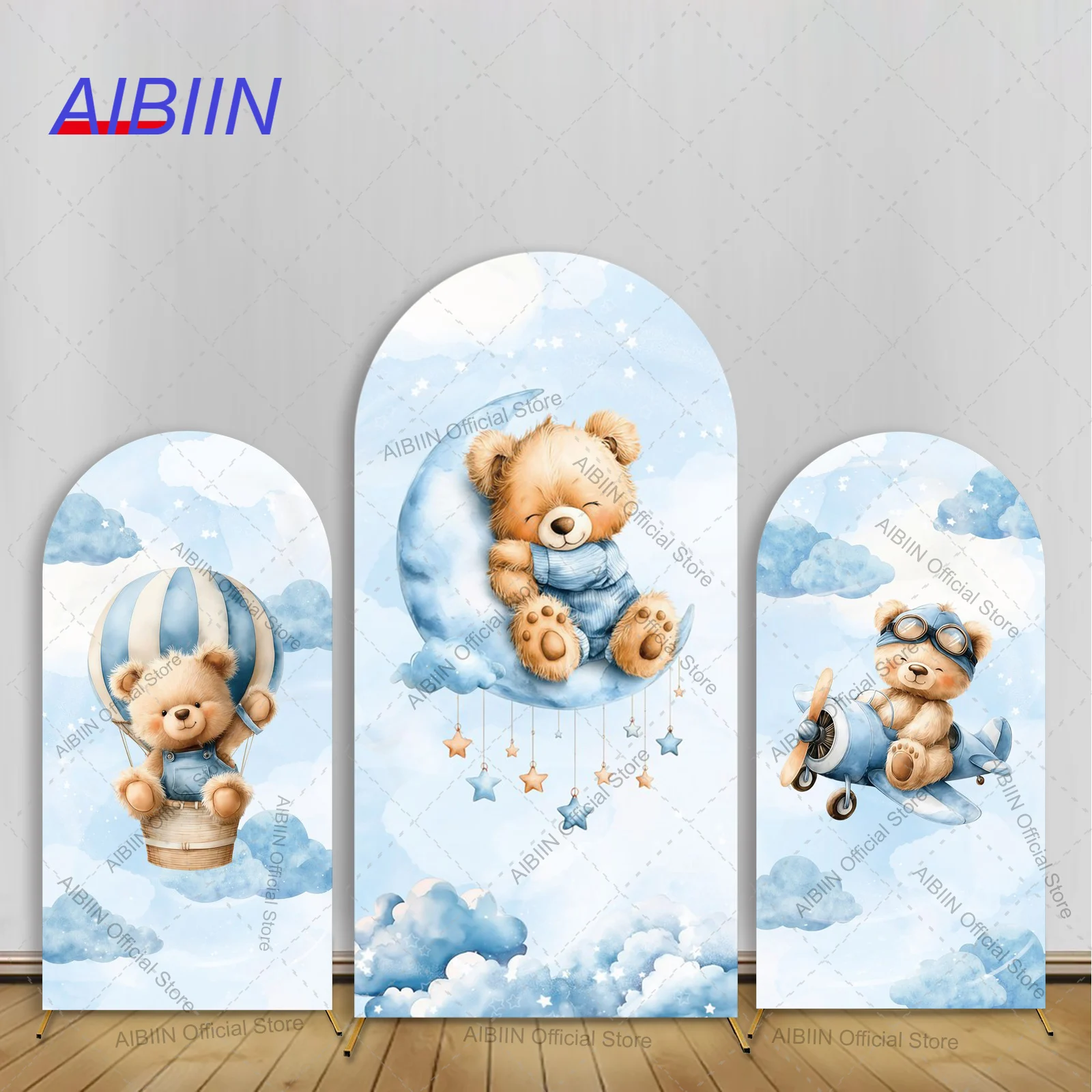 

Watercolor Bear Birthday Arch Backdrop Cover Blue Clouds Stars Airplane Moon Hot Air Balloons Baby Shower Party Decor Background
