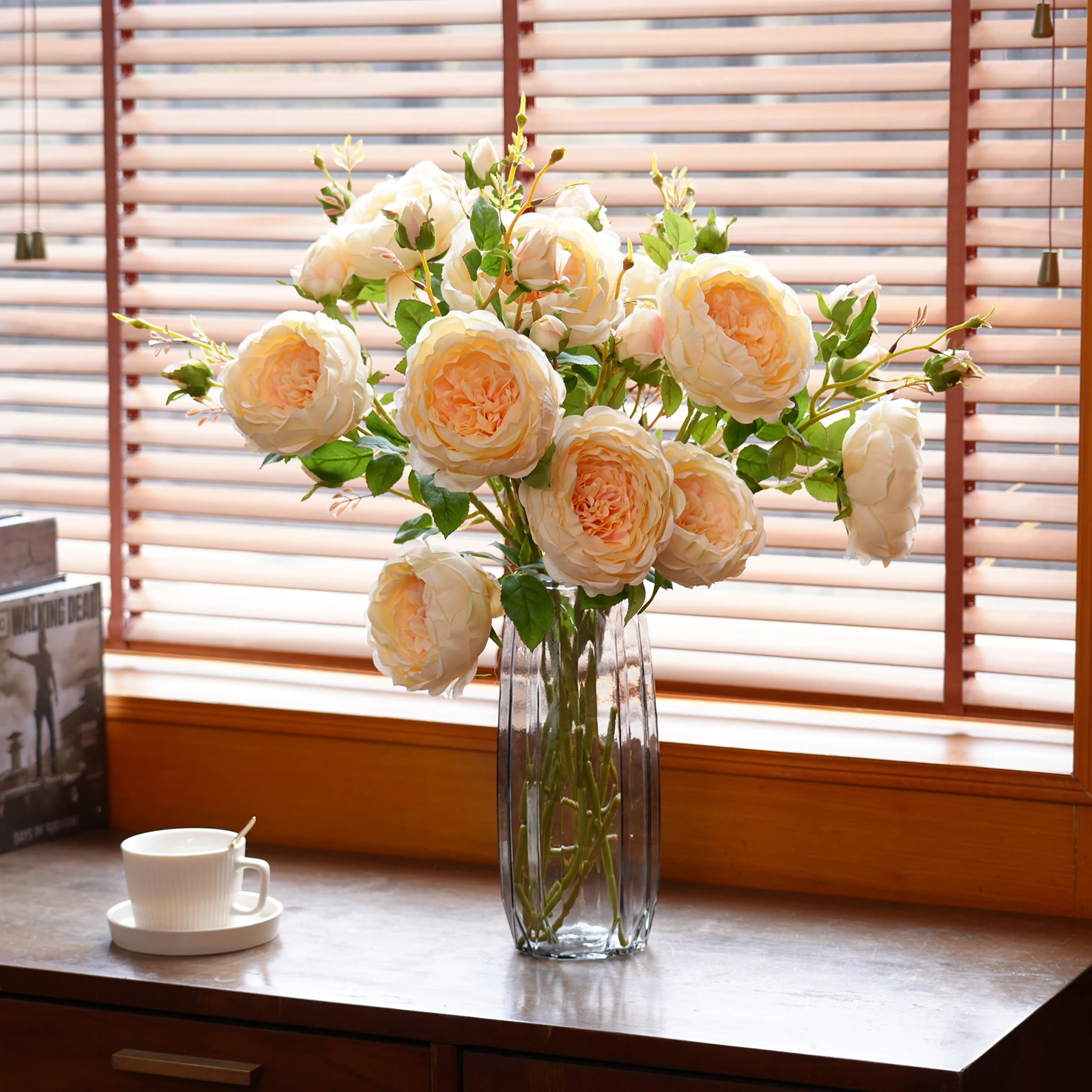 H2024 البرتقال الشمبانيا الحرير الاصطناعي الورد الفاوانيا زهرة باقة اليد ديكور المنزل ترتيب الزفاف المواد DIY بها بنفسك اكسسوارات #4