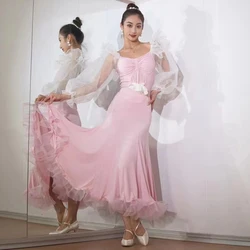 New Ballroom Dance Dress Women Performance Costume Pink Tops Skirt Adult Waltz Dance Clothes Prom Competition Dresses BL11074