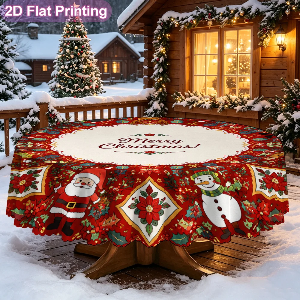 2D flat model 1 piece tablecloth, merry Christmas Santa snowman round mat, bright pattern, Christmas day round tablecloth
