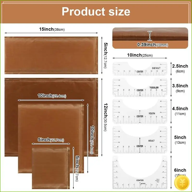 وسائد الضغط الحراري 9 قطع في مجموعة واحدة، 4 أحجام وسادة نقل الضغط الحراري و5 قطع دليل مسطرة تي شيرت للفينيل DIY #6