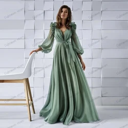 Illusion Evening Dresses Chiffon Prom Dress Long Puff Sleeves Robes For Formal Party A-Line V-Neck Ball Gowns Vestidos De Gala