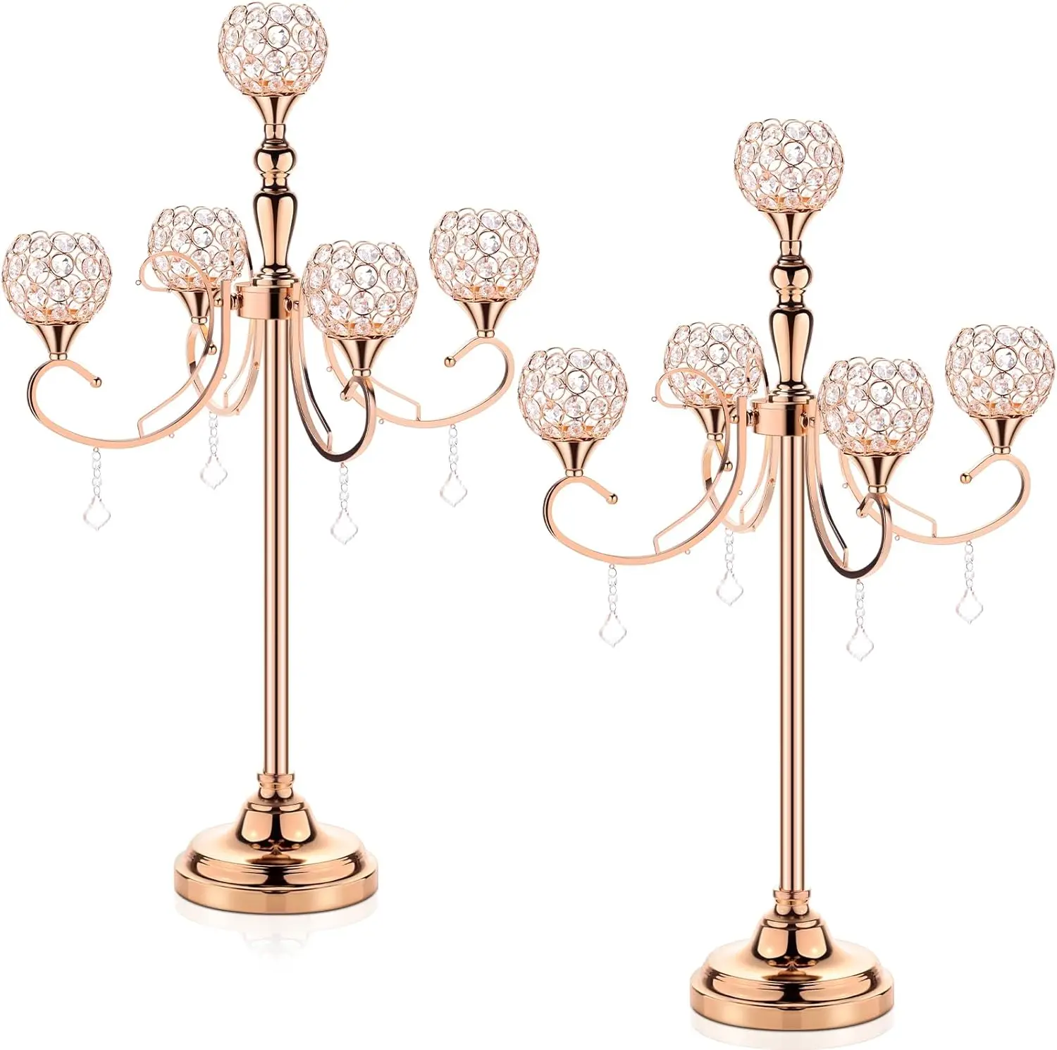 

4pcs/12pcs)75cm /100cm)5 Arms Gold Candelabra Centerpiece with Crystal Pendant 33 Inch Tall Floor Candle Holder Table Candelabra