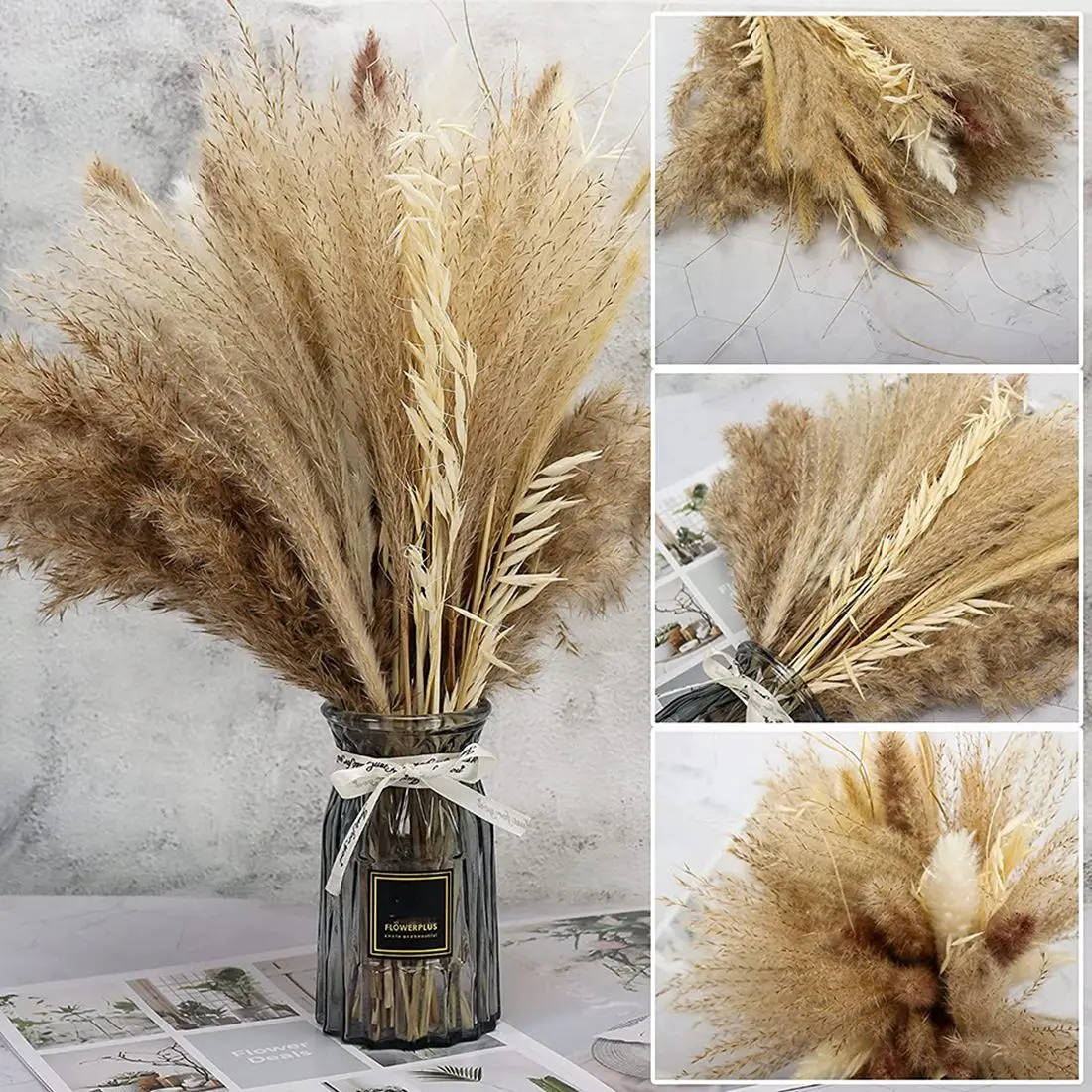 M02K-Natural Dried Pampas Grass,65Pcs Large Pampas Grass Decor Tall,Pompous Grass Wedding Flowers, Boho Pampas