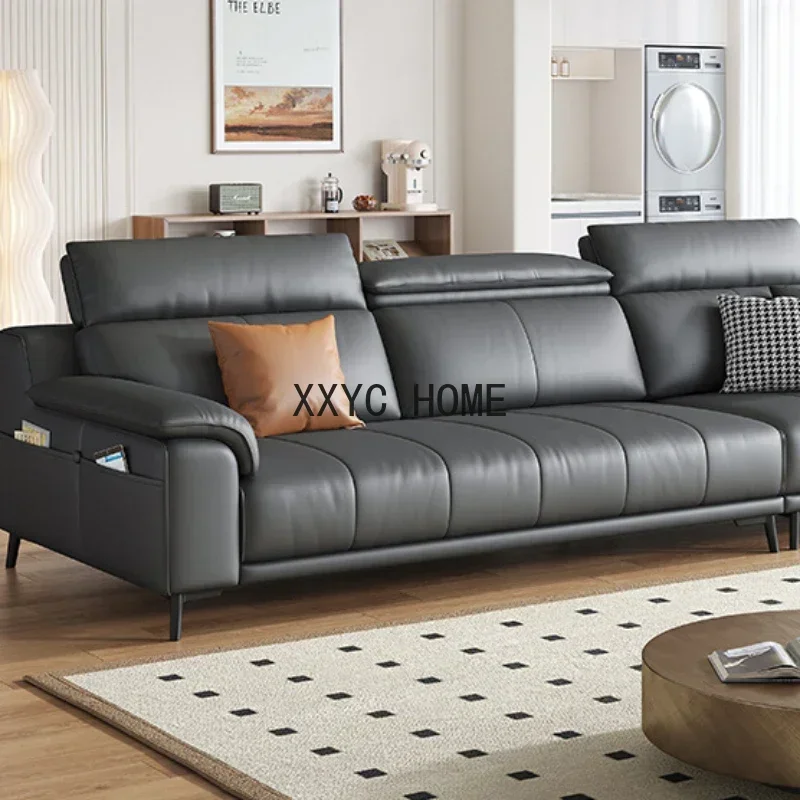 Simple First Layer Cowhide Simple Modern Living Room Straight Row Three-Person Leather Sofa Furniture