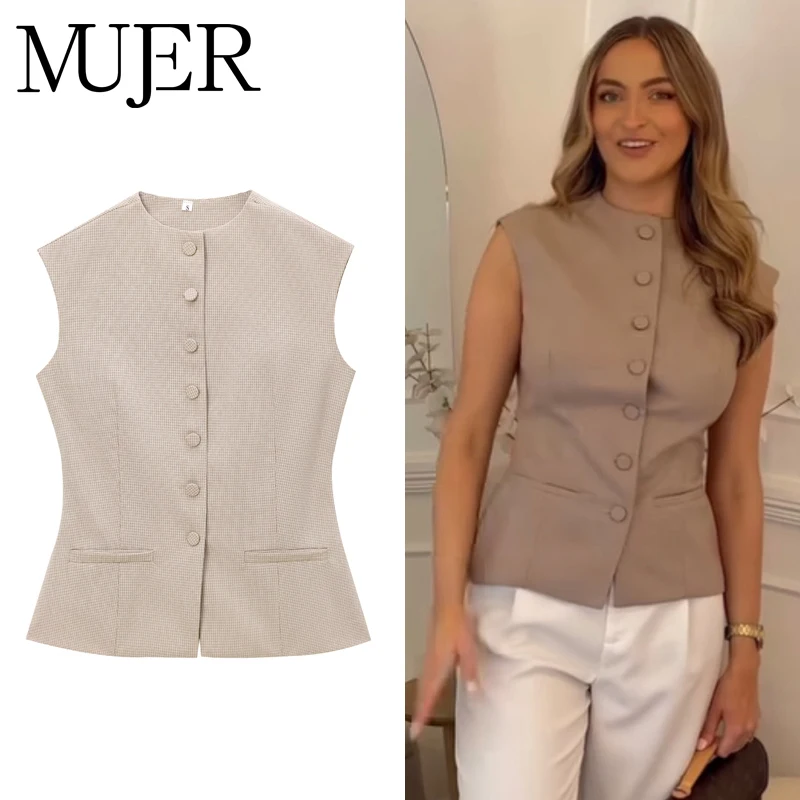MUJER 2025 Plaid Sleeveless Vest Women Office Button Vests for Women Fall Waistcoat Streetwear Vest Top Women Basic Women's Vest