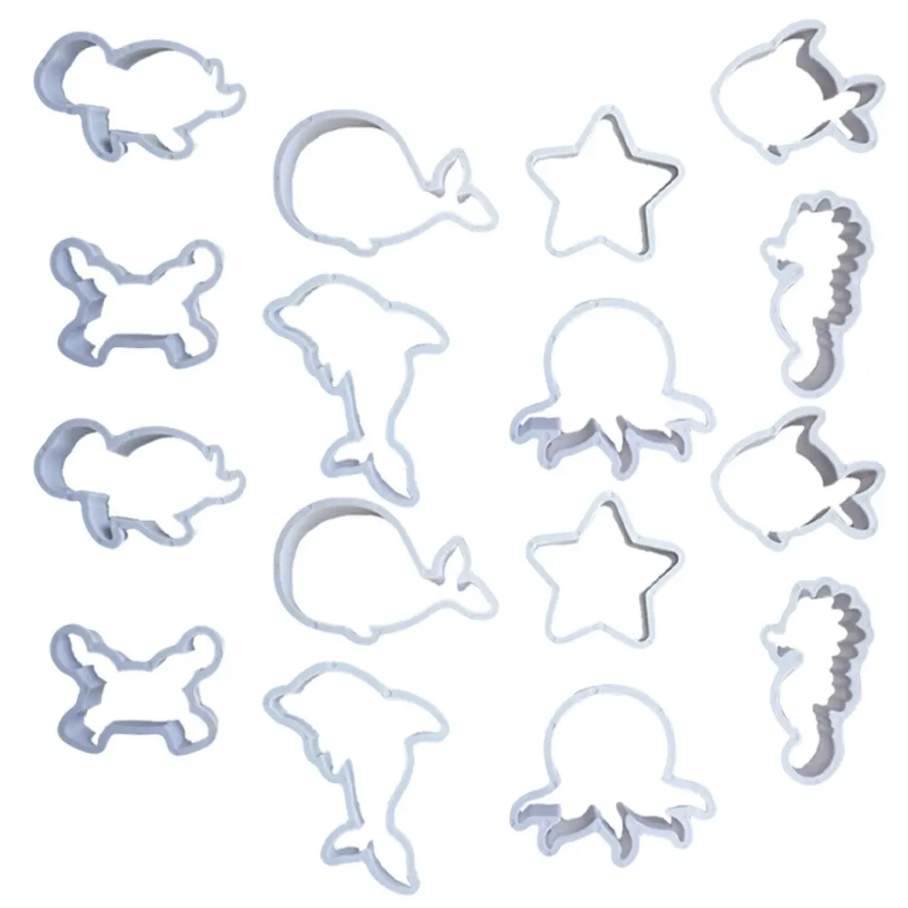 Juego de 16 cortadores de galletas con forma de delfín, herramientas de repostería de plástico ABS aptas para alimentos, para fondant, pasteles, panqueques, sándwiches y moldes para galletas.