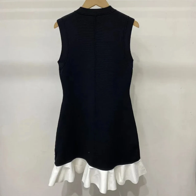 New 2024 Summer Women Knit Short Dress Ruffled Patchwork Sleeveless O-Neck High Street Elegant Design Trendy Stylish Casual S