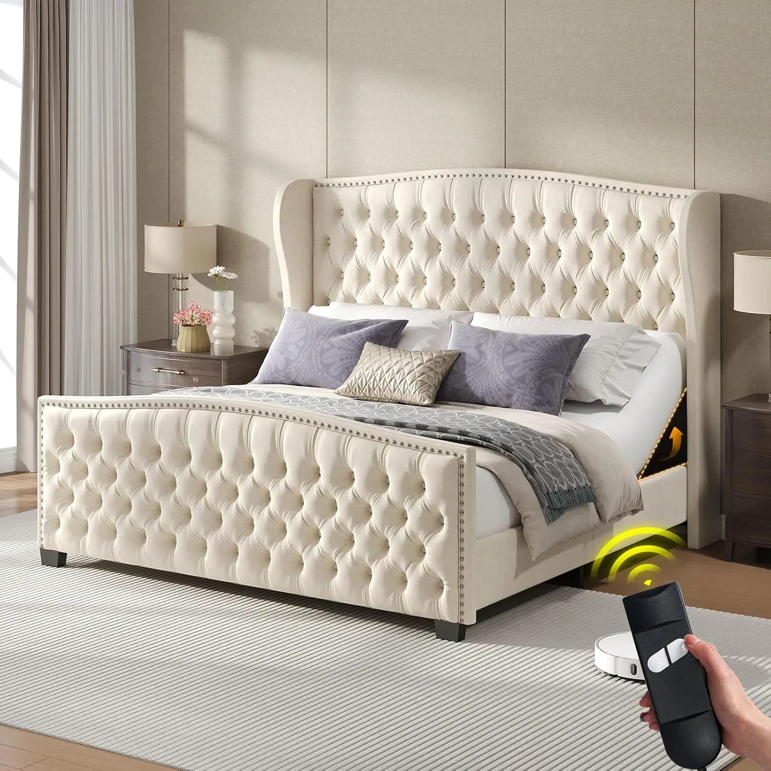 Adjustable King Bed Frame with Tufted Wingback Headboard, Customized