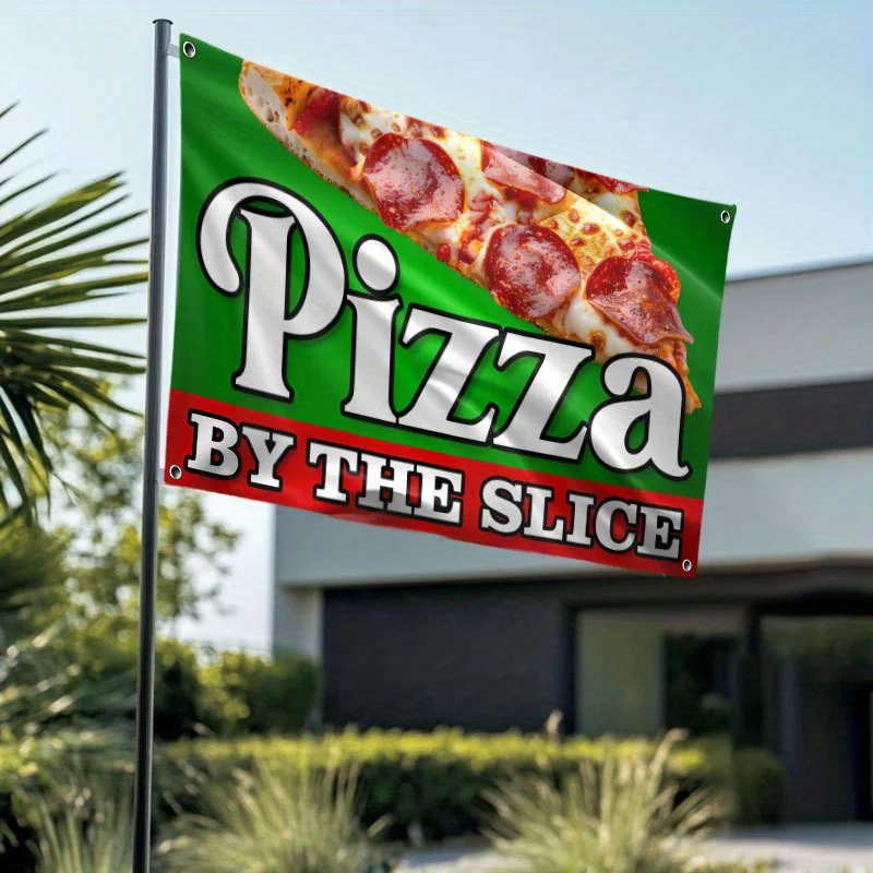 Bandera publicitaria grande para exteriores, diseño verde y rojo vibrante con rodaja de Pizza Pepperoni, duradera, Pizza de Pizza, 1 ud.