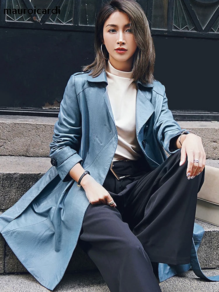 Lautaro Spring Autumn Classy Blue Faux Leather Trench Coat for Women Belt Elegant Luxury Designer Clothes Runway Fashion 2022