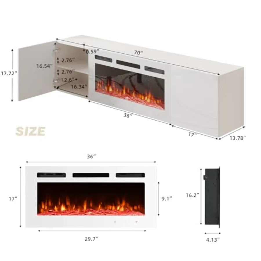 حامل تلفزيون عائم مثبت على الحائط مقاس 70 بوصة مع مدفأة كهربائية مقاس 36 بوصة مركز ترفيه عالي اللمعان مع مساحة تخزين 12 لون لهب He #2