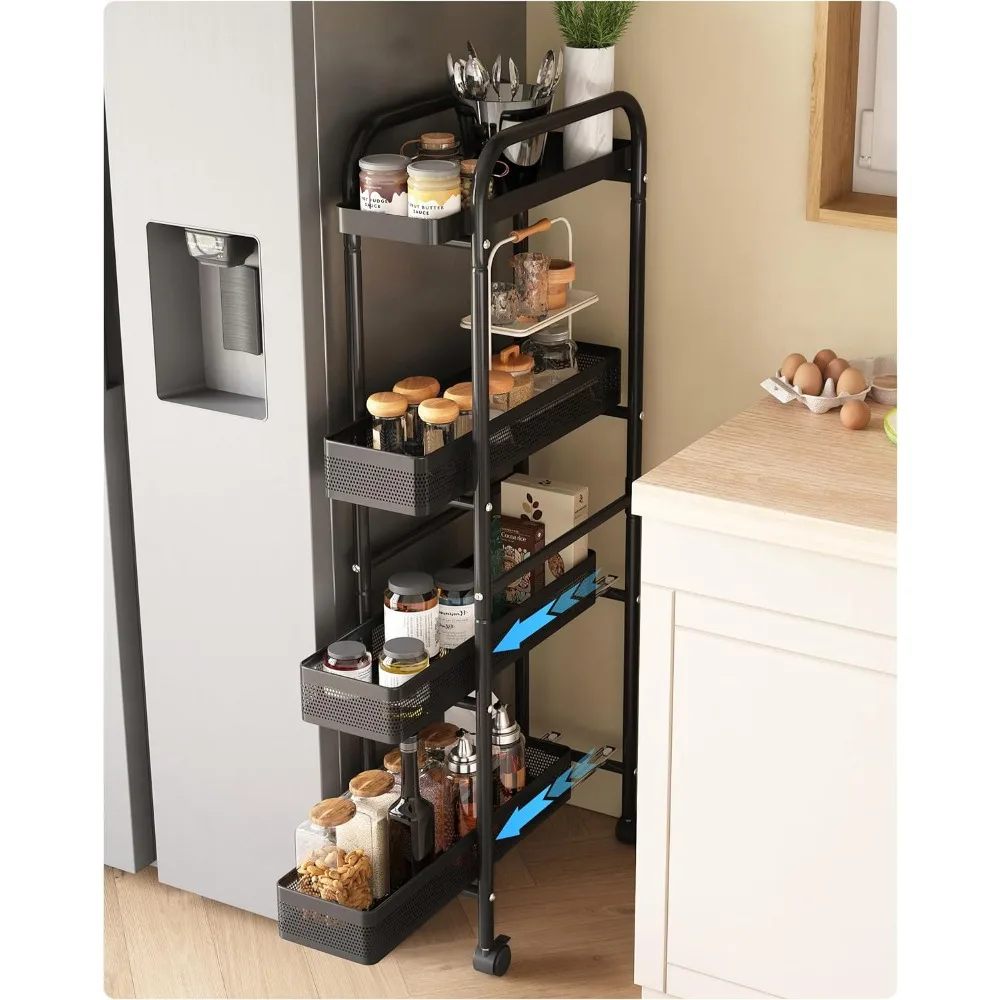 

Slim Storage Cart 4 Tier with Pull Out Basket Bathroom Organizer Rolling cart, Rolling Utility Cart Slide Out Organizer for Kit