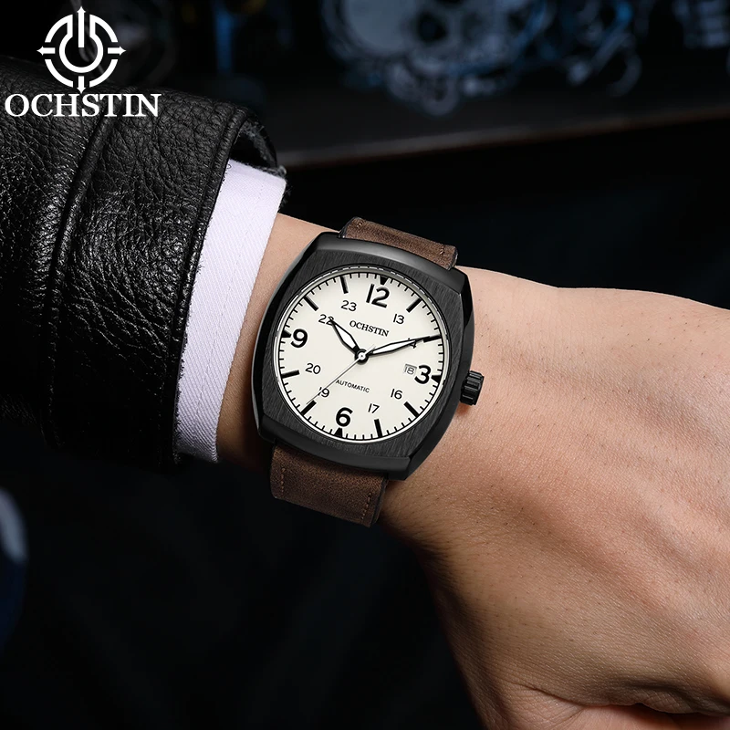 OCHSTIN Mechanical Men Watch Automatic Date Vintage Style Cushion Shaped Square Case Oil Waxed Leather Strap Y2K Male Wristwatch